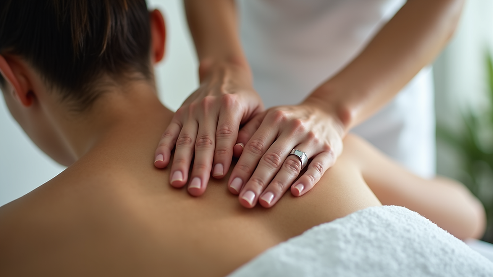 Close-up view of massage therapist’s hands applying gentle pressure on a client’s shoulder