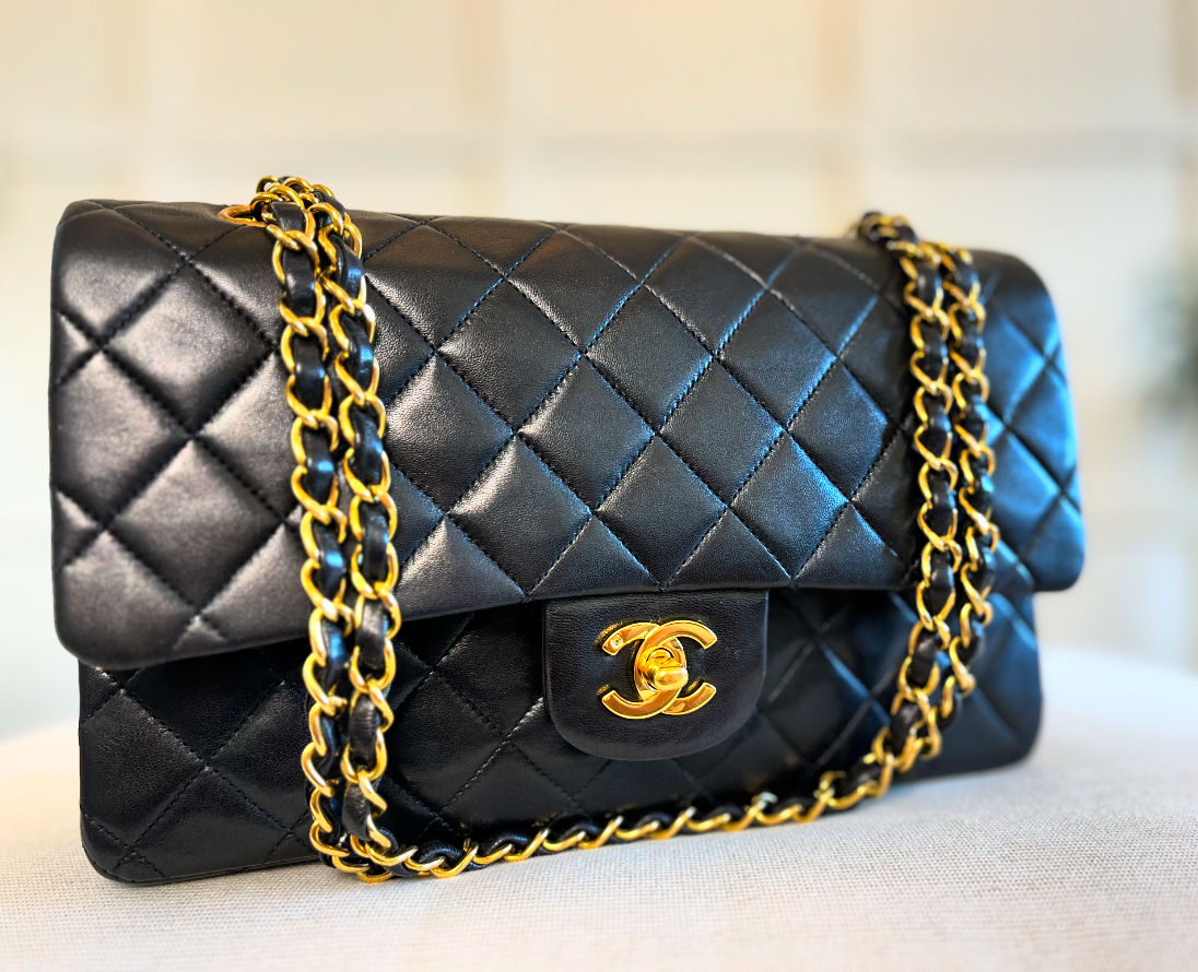 CHANEL Vintage Classic Double Flap Quilted Black Lambskin 24K Gold Hardware