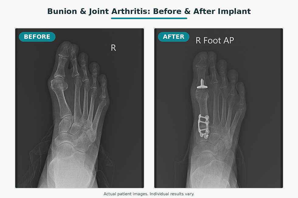 Before and after X-rays showing a bunion with big toe joint arthritis treated with bunion correction and a joint implant