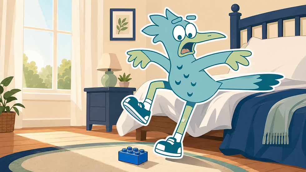 Ralph the Brazos Foot and Ankle roadrunner stepping out of bed toward a toy brick
