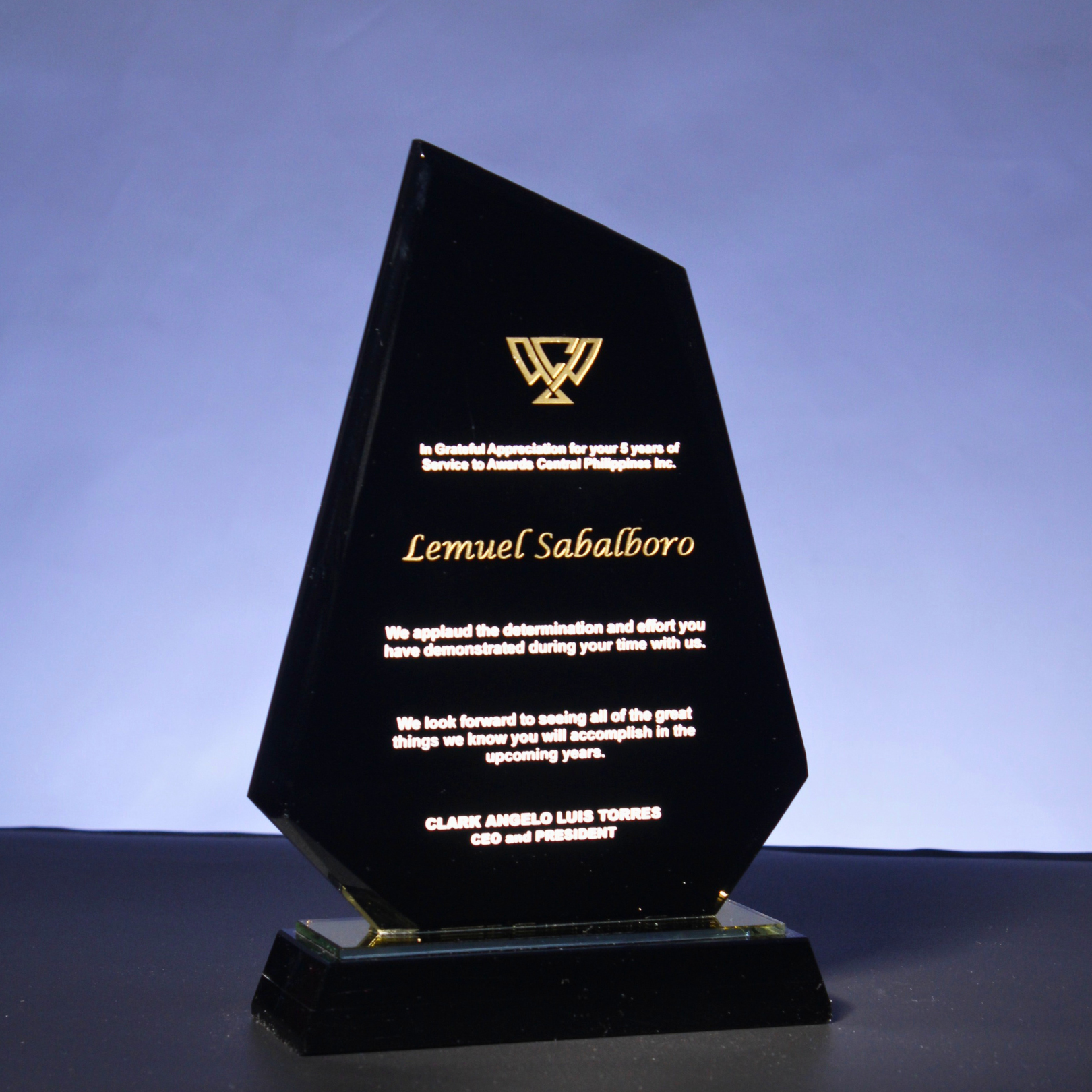 This slim, flowing obsidian glass plaque captures fluidity and finesse with its irregular narrow base. Its smooth, expressive