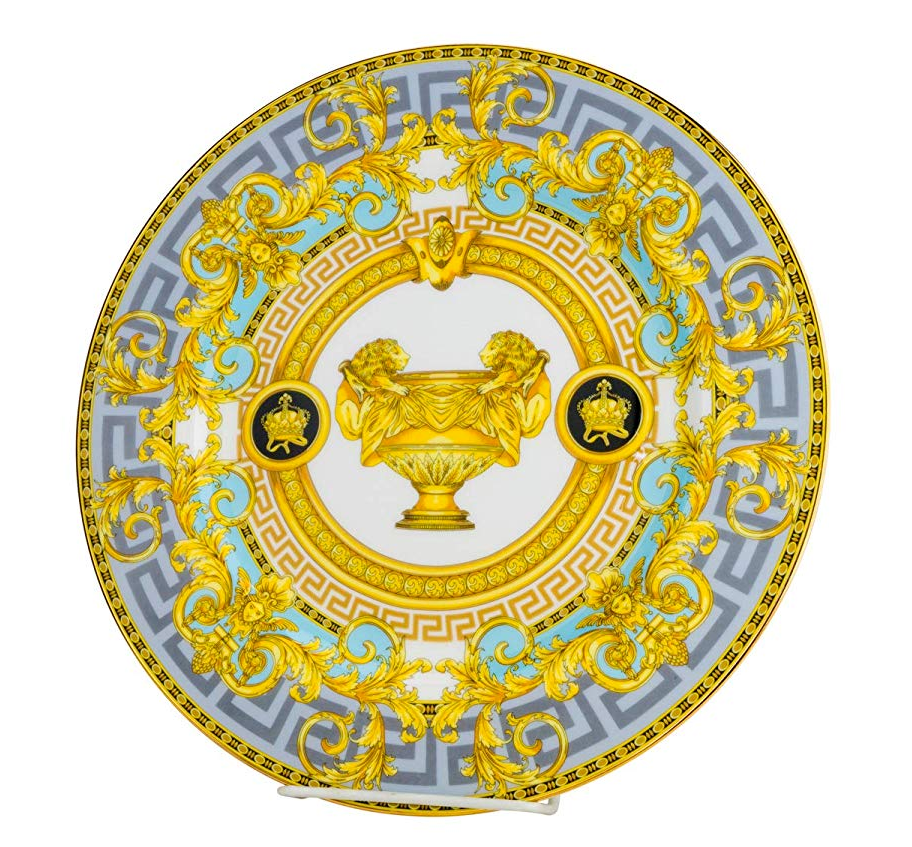 Thumbnail: Dinnerware Set For 4, Bone China, Blue/ Grey Greek Key Versailles