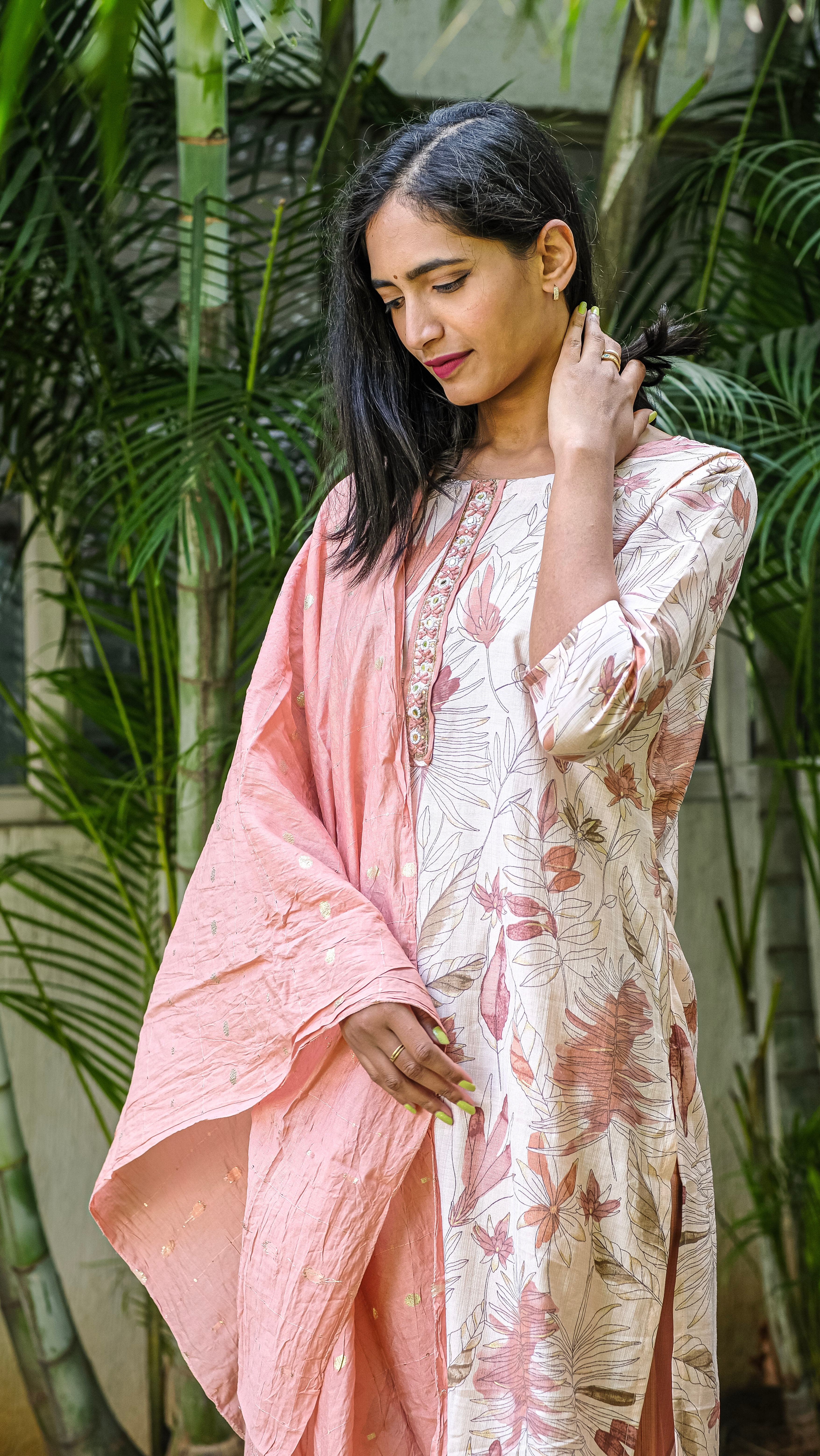 Beige Kurti with Peach Floral Print