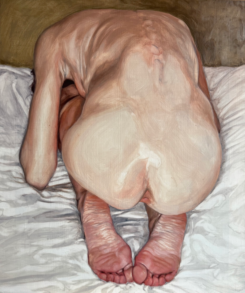 Peinture à huile qui représente un corps nu recroquevillé de dos