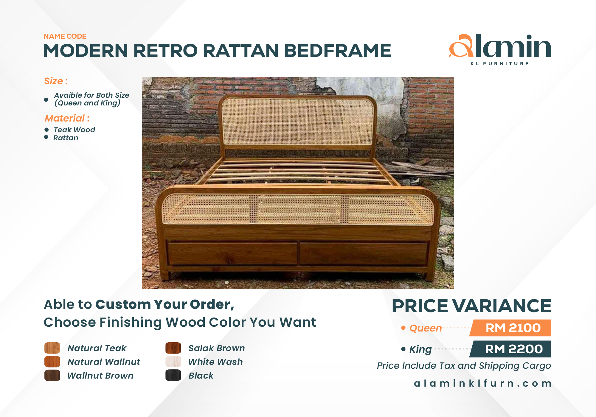 Modern Retro Rattan Bedframe With 2 Slit Storage (Pre Order)