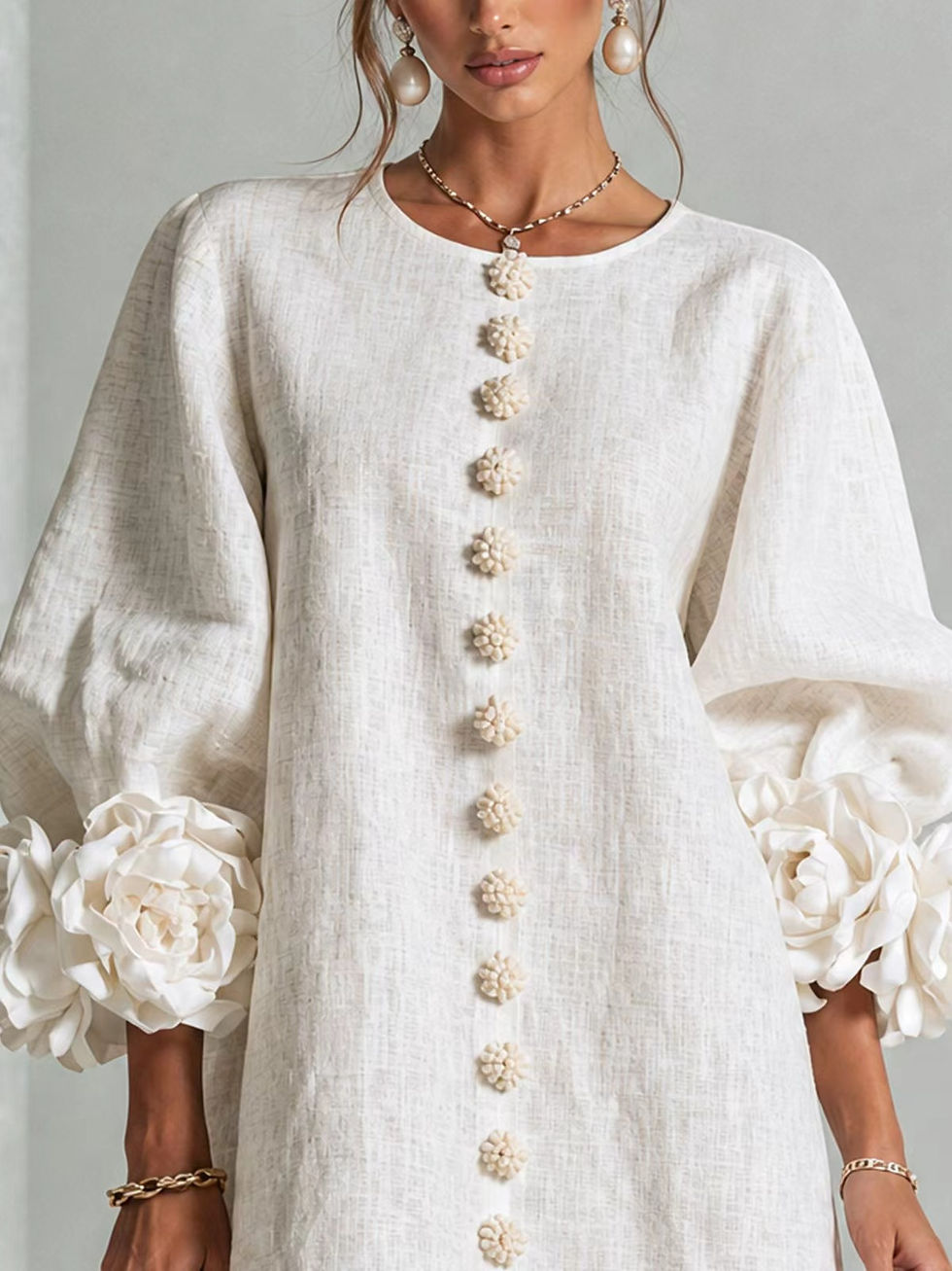 Thumbnail: Flower lantern sleeve cotton and linen dress
