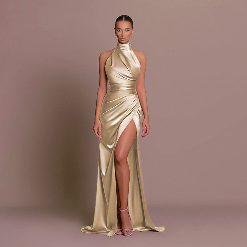 Thumbnail: Neck-baring tight-fitting, waist-shrinking, slit-bottomed dress formal gown