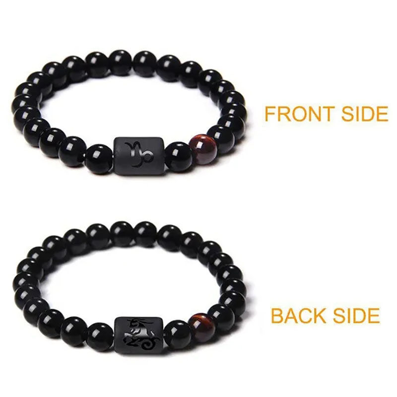 Thumbnail: 12 Constellation Zodiac Signs Beads Bracelet Natural Black Onyx Stone