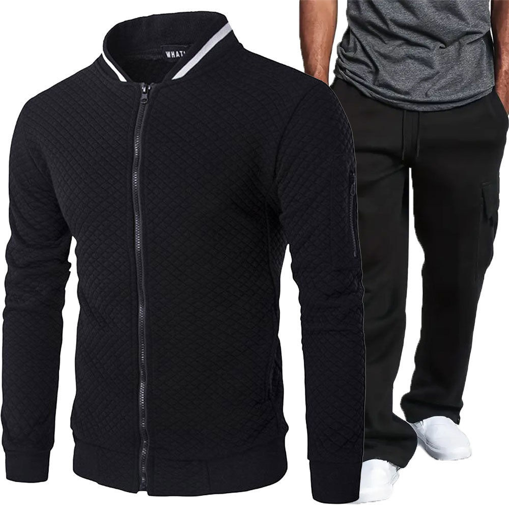 Casual Plaid Zip-Up Fleece-Lined Cargo Jacket and Pants Set