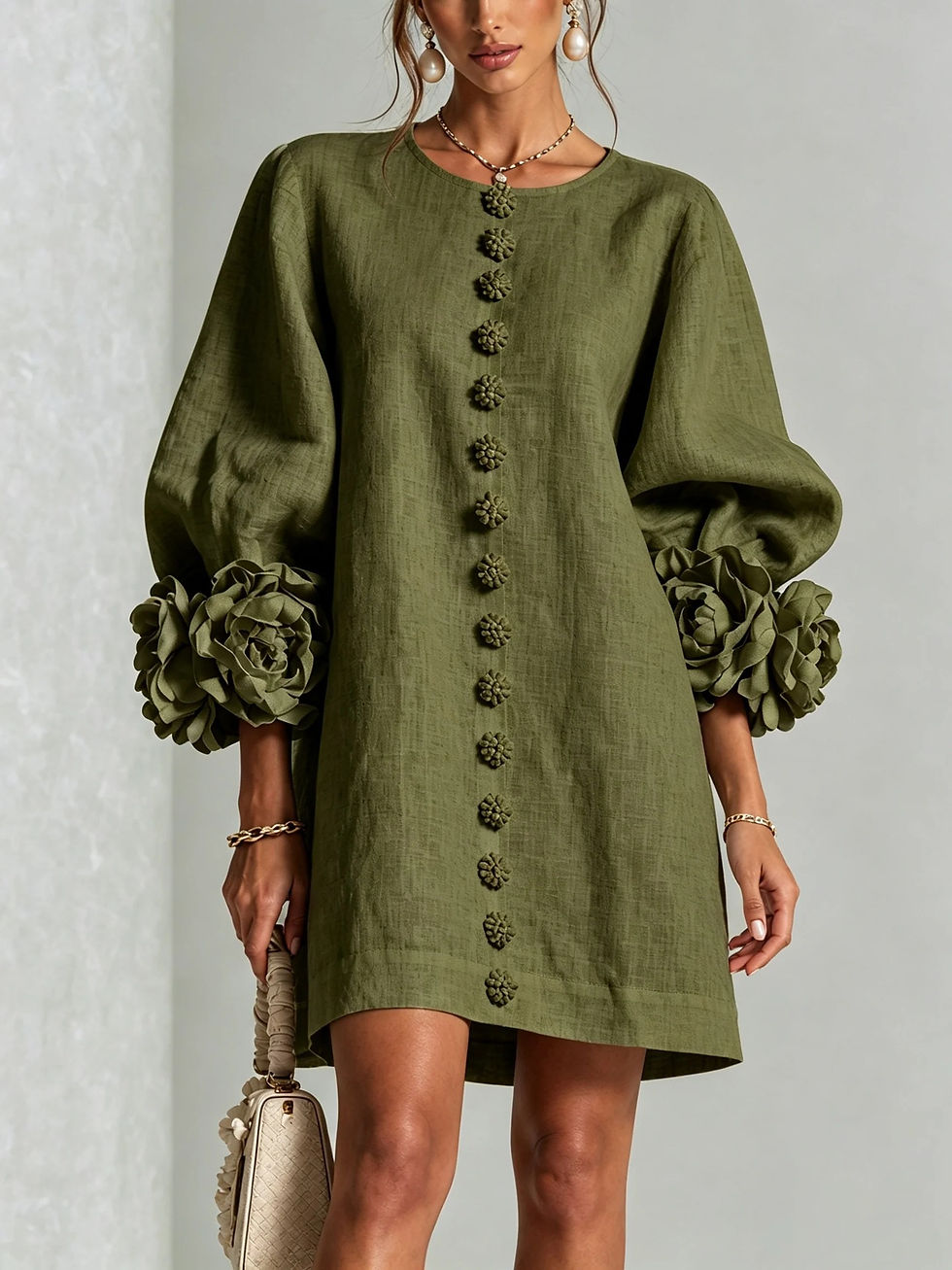 Thumbnail: Flower lantern sleeve cotton and linen dress
