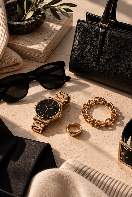Gold jewellery and accessories styled for the VALENS Edit.