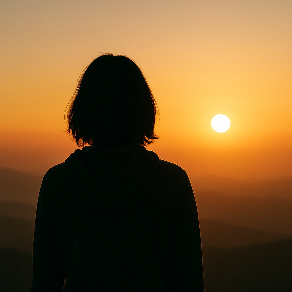 Silhouette de dos d’une personne observant le lever du soleil, baignée dans une lumière dorée, symbole de calme, de renouveau et de routine matinale pour la santé mentale.
