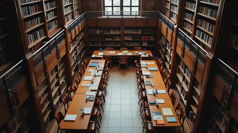 High angle view of a library filled with research materials