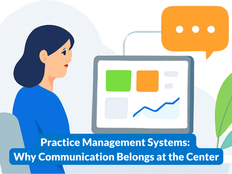 Front office staff reviewing a practice management dashboard alongside a texting conversation