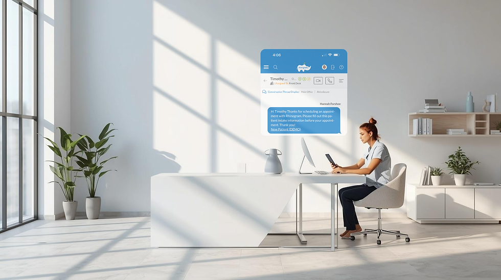 Healthcare administrator using a secure SMS texting platform on a tablet to communicate with patients, reducing phone call volume in a modern medical front office.