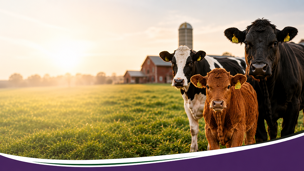 Wide landscape photo of cattle standing in a green pasture at sunrise.