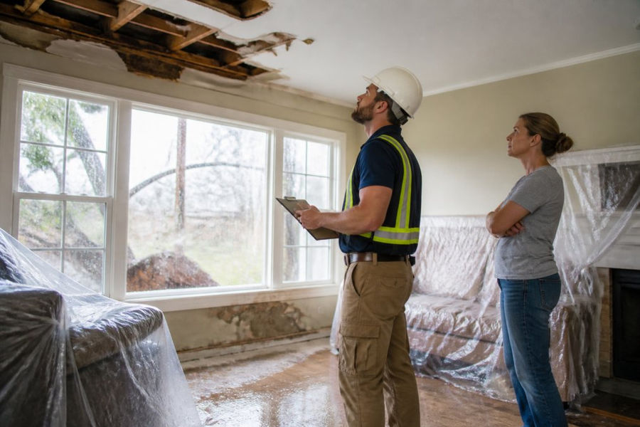 Technician in safety gear assessing a living room for restoration services for storm damage while a homeowner watches.