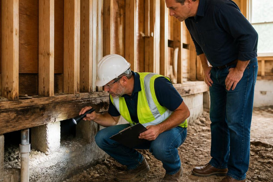 A licensed structural engineer in a hard hat and safety vest inspecting a home's foundation and exposed framing with a flashlight and clipboard, with a homeowner standing nearby observing the assessment