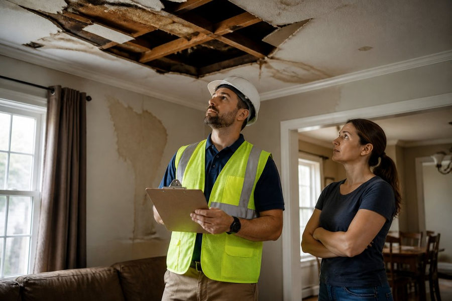 A restoration contractor in safety gear inspecting a water-damaged living room with a clipboard, while a homeowner looks on
