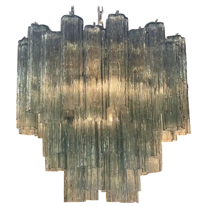 Green Murano tube glass chandelier with tiered fluted prisms.