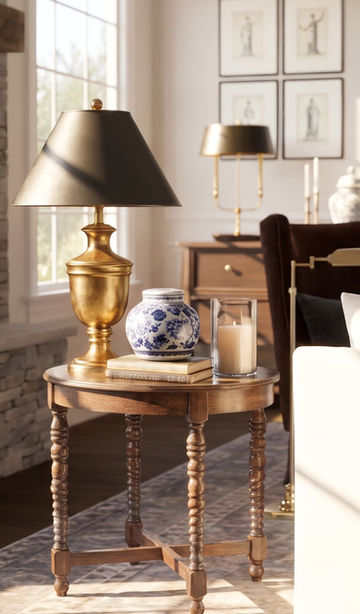 Antique-style brass lamp and blue-and-white ceramic jar on a carved wood side table beside a cream sofa.