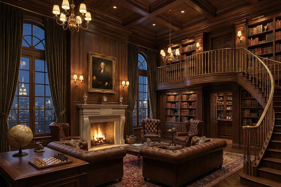 Luxurious wood-paneled home library with coffered ceilings, floor-to-ceiling bookshelves, a grand curved staircase, tufted leather sofas, a lit fireplace, and a large classical portrait above the mantel. Warm lighting, brass accents, and an evening city skyline visible through arched windows create an old-money, English-inspired atmosphere.