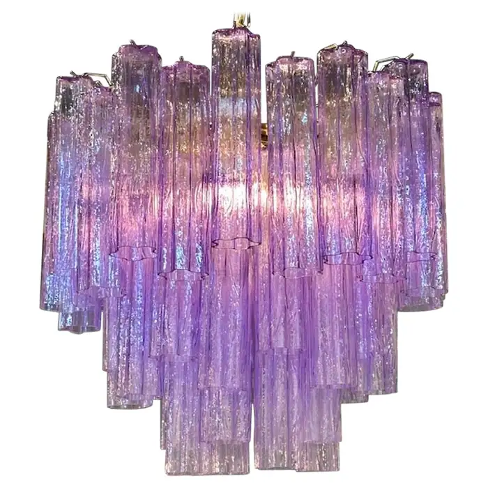 Purple Murano tube glass chandelier with iridescent fluted glass.