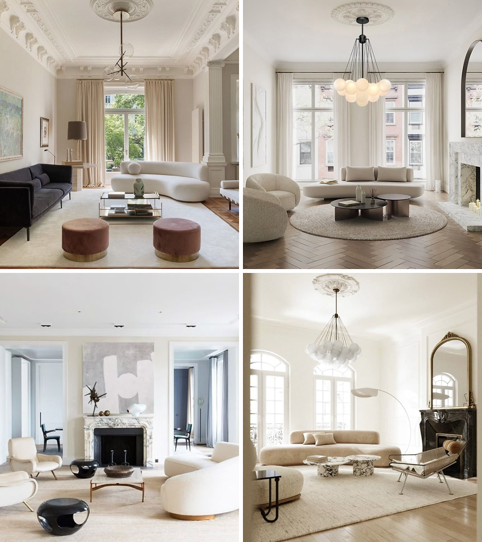 A collage of four light-filled living rooms. The top left room has ornate ceiling molding, tall drapery, a white curved sofa, and two round pink stools. The top right room features large windows, a sculptural bubble chandelier, curved cream seating, and a round rug. The bottom left room shows arched windows, a translucent chandelier, a beige sofa, and a marble fireplace. The bottom right room includes a marble fireplace, abstract artwork, cream armchairs, and round black accent tables.