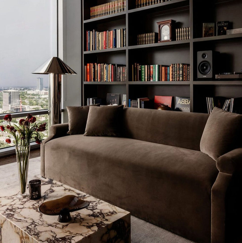 Living room featuring a structured sofa, marble coffee table, and wall-to-wall shelving