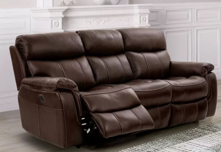 Large leather reclining sofa with padded arms and segmented cushions