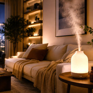 Aromatherapy diffuser releasing a gentle mist inside a peaceful living room with soft lighting and relaxing décor.