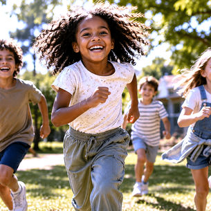 Happy children wearing colourful casual outfits while playing outdoors in a park on a sunny afternoon.