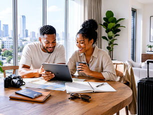 A young couple planning a trip with a laptop, passport, suitcase and travel documents in a bright modern home.