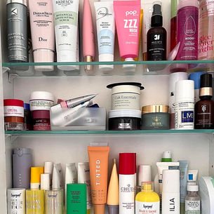 Organised skincare shelf with cleansers, moisturisers, serums and everyday beauty essentials neatly arranged.