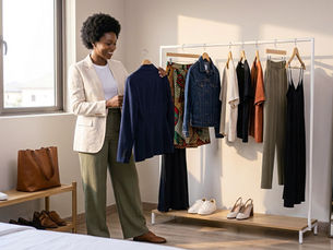 Stylish woman choosing versatile clothing from a neatly organised wardrobe with dresses, blazers, handbags and shoes.