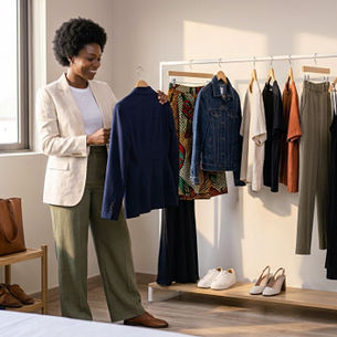Stylish woman choosing versatile clothing from a neatly organised wardrobe with dresses, blazers, handbags and shoes.