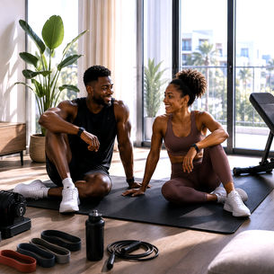 Young couple finishing a workout in a bright modern living room with compact home fitness equipment.