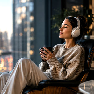 Person wearing wireless noise cancelling headphones while relaxing in a calm indoor space.