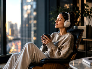 Person wearing wireless noise cancelling headphones while relaxing in a calm indoor space.