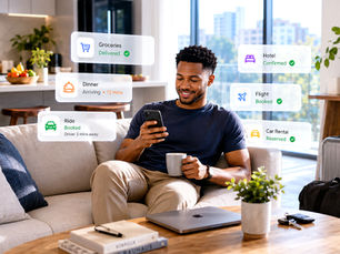 A young African professional using the Yeexonline app to manage shopping, food delivery, transport and travel from a smartphone at home.