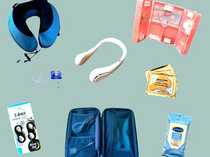 Minimalist flat lay of premium travel accessories and organisers designed to make travelling easier.