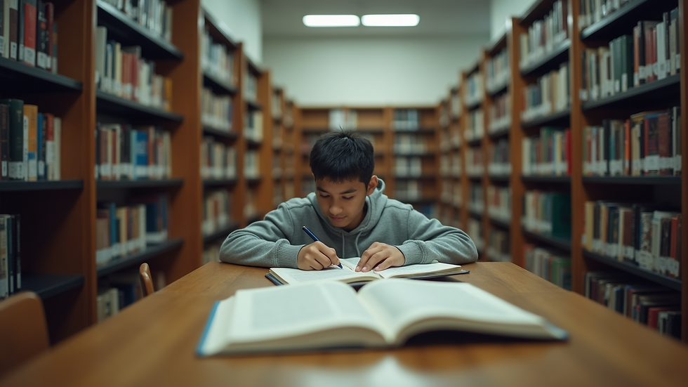 Eye-level view of a student studying in a library