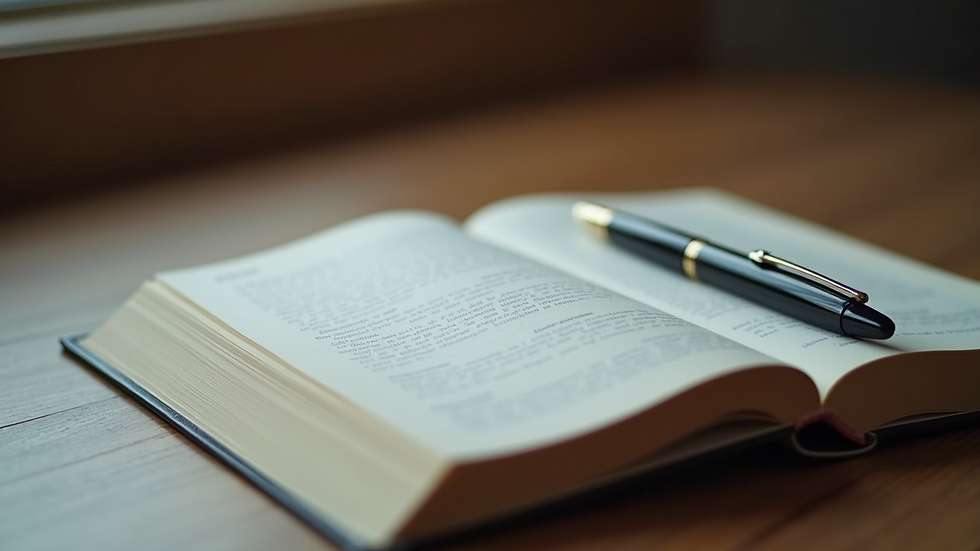 Wide angle view of an open book and pen on a desk