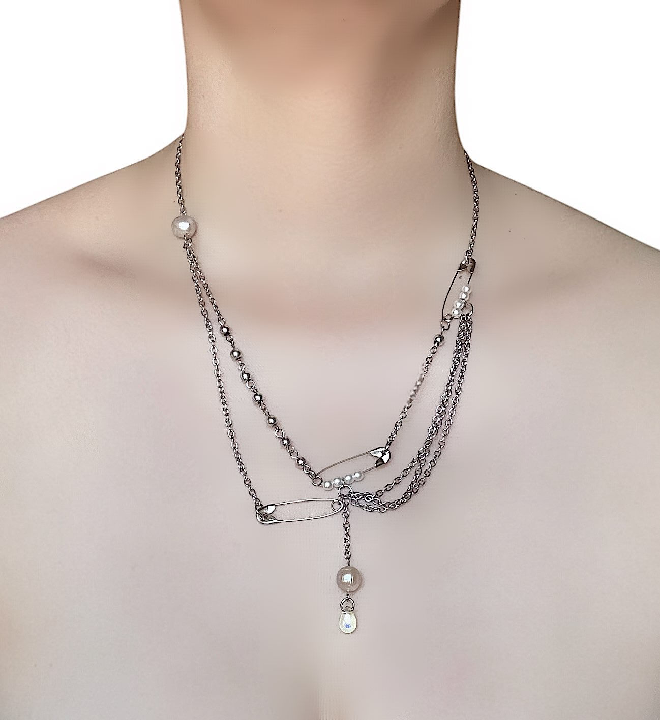 Hematite & Baroque Pearl Safety Pin Necklace