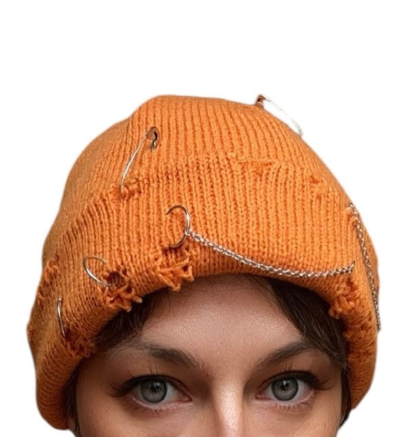 Miniature : The Orange Ripped Beanie with Silver Chains