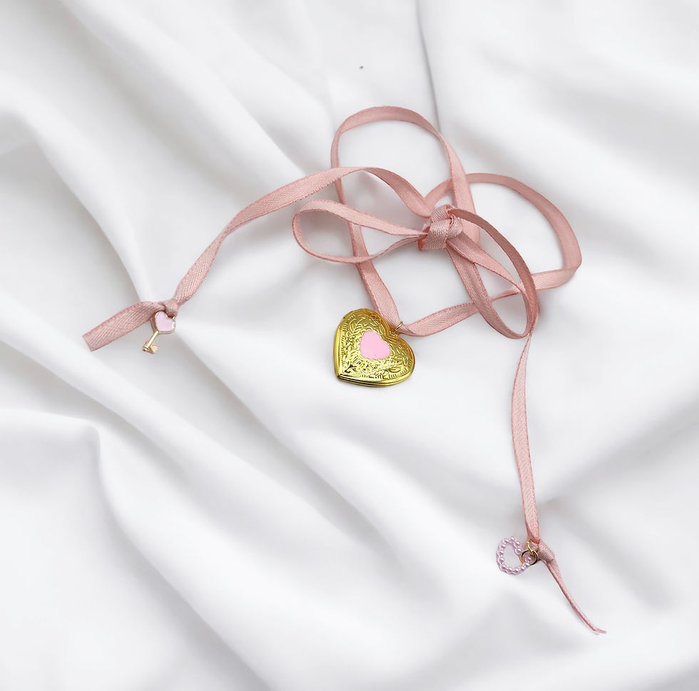 Miniature : Pink Ribbon Choker with Heart Locket