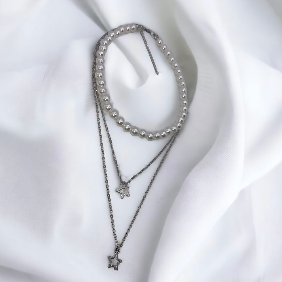 Thumbnail: Triple Layer Faux Pearl Necklace with Star Charms