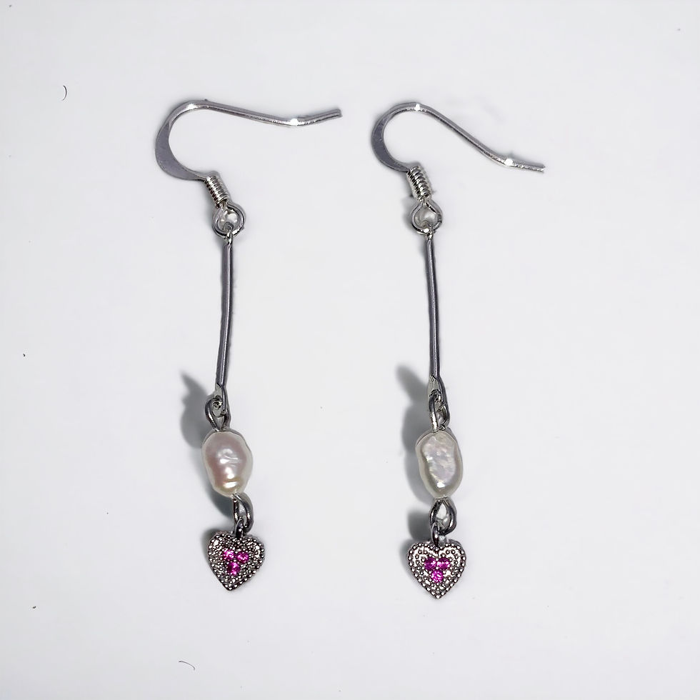 Miniatura: Pink Heart Drop Earrings with Rice Pearls