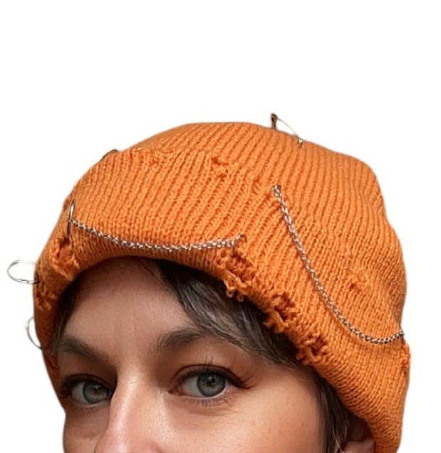 Miniature : The Orange Ripped Beanie with Silver Chains