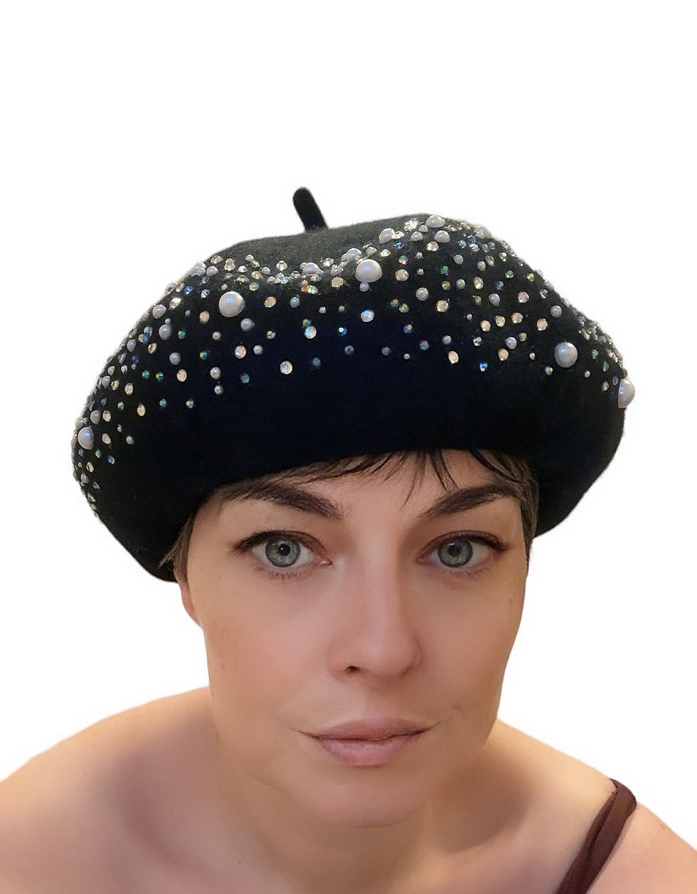 Miniaturbild: Black Beret with Pearls and Rhinestones 